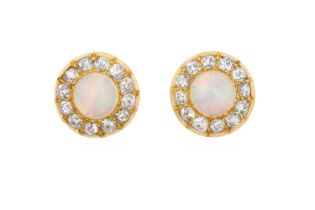 A Pair of Opal and Diamond Cluster Earringsthe round cabochon opals within a border of old cut