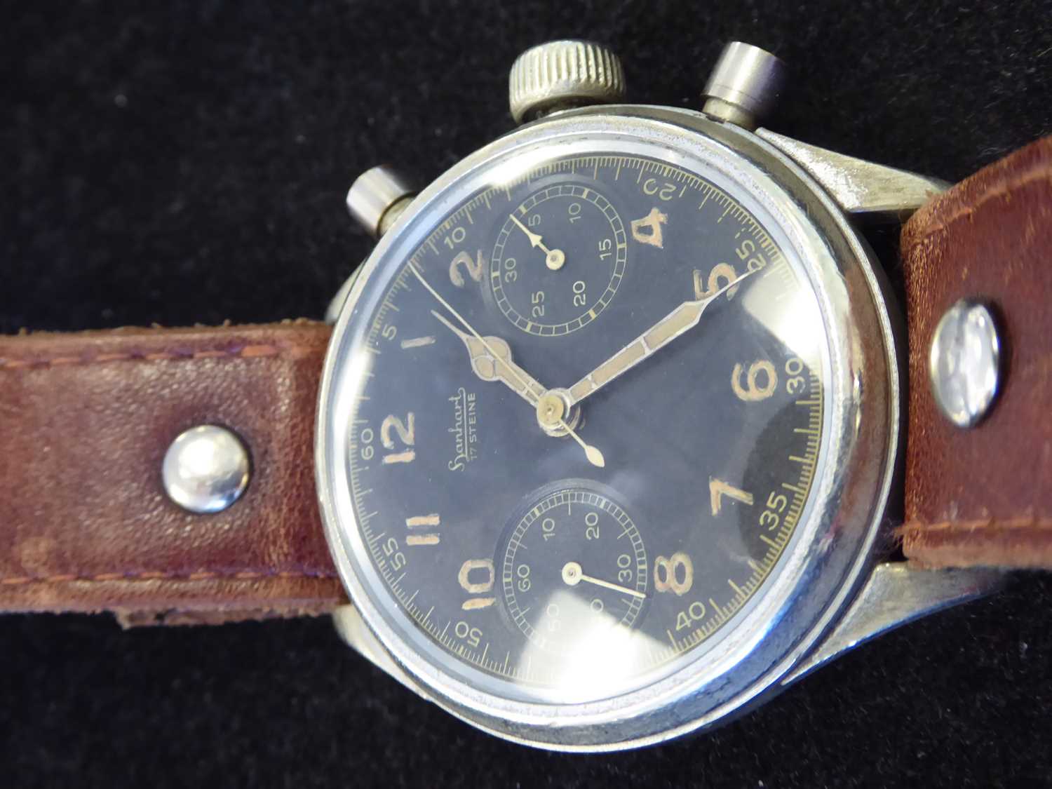 Hanhart: A Rare Second World War German Luftwaffe Pilots Chronograph Wristwatch, signed Hanhart, - Image 8 of 9