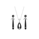 An Onyx and Diamond Necklace and A Pair of Onyx and Diamond Drop Earringsthe pear shaped onyx loop