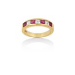 An 18 Carat Gold Ruby and Diamond Half Hoop Ringfour square cut rubies alternate with three square