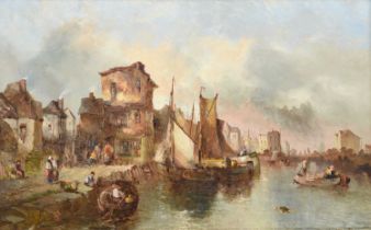 Alfred Montague (1832-1883) Continental river town with loaded barge and market stalls Sailing and