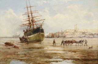 Attributed to William Edward Webb (1862-1903)"Unloading a Collier" Oil on canvas, 39.5cm by 59.5cm