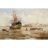 Attributed to William Edward Webb (1862-1903)"Unloading a Collier" Oil on canvas, 39.5cm by 59.5cm