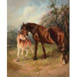 William Woodhouse (1857-1939)Mare and foal before a tree in blossom Signed, oil on canvas, 59cm by