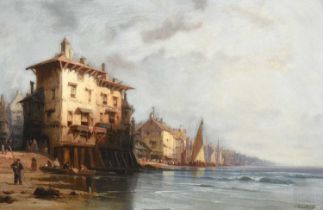 Charles Euphrasie Kuwasseg (1838-1904) FrenchContinental coastal town with fishing boats Signed, oil