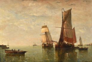 Paul Jean Clays (1819-1900) BelgianAnchored boats and rowing boats off a pierSigned and dated