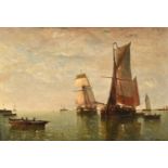 Paul Jean Clays (1819-1900) BelgianAnchored boats and rowing boats off a pierSigned and dated