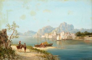 William Raymond Dommersen (1850-1927) Dutch Mediterranean landscape with fisherfolk on lake shore