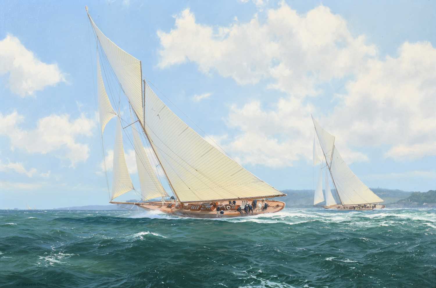 John Steven Dews (b.1949) “White Heather II battling it out with Britannia off Fishburne Cowes”