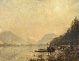 Herbert Royle (1870-1958)"Hauling Timber, Loweswater, Cumberland" Signed, inscribed verso, oil on