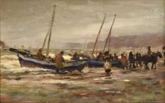 James William Booth RCam A (1867-1953)Fishing Cobles at Runswick BaySigned, oil on canvas board,14.