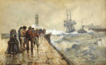 Frank Henry Mason RBA, RI, RSMA (1875-1965)Fisherfolk on Whitby pier awaiting the return of the