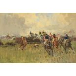 Peter Biegel (1913-1988)Racing Scene, thought to be WincantonSigned, oil on canvas, 59.5cm by 90cm