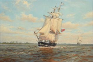 John Steven Dews (b.1949) "Shipping off Sunk Island,1830" Signed, oil on canvas, 30cm by 44.5cm