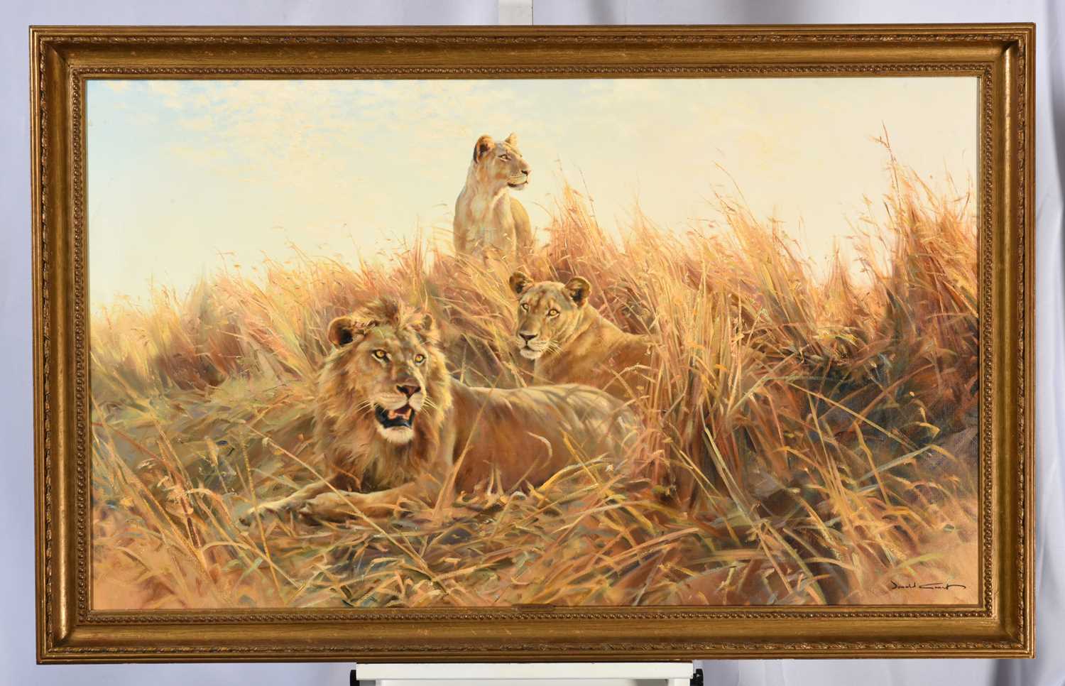 Donald Grant OBE (1924-2001) Lion and lioness in grassSigned, oil on canvas, 64cm by 124. - Image 2 of 3