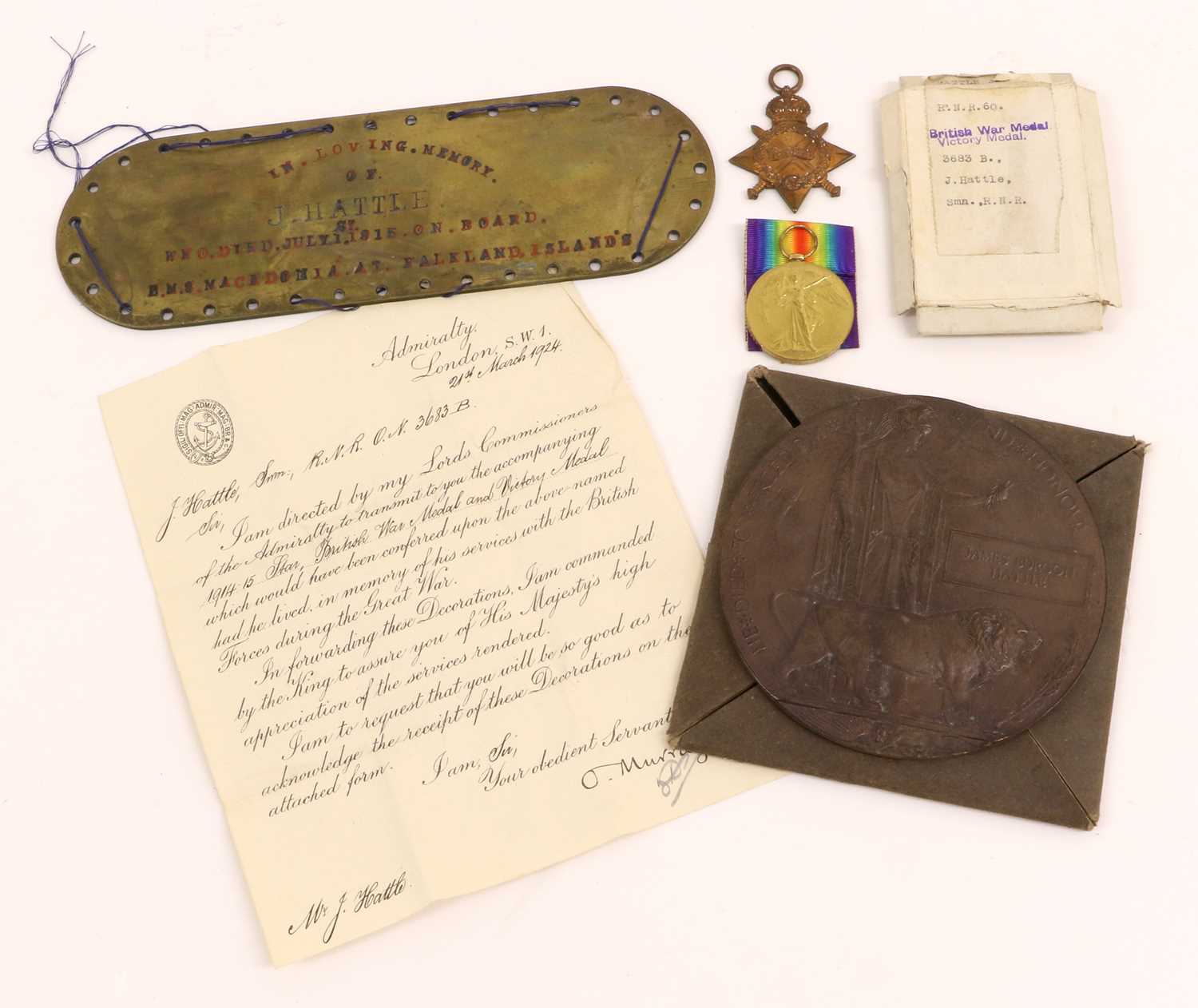 A 1914-15 Star, Victory Medal and Memorial Plaque, awarded to 3683B J.(James Burgon) HATTLE, SMN.