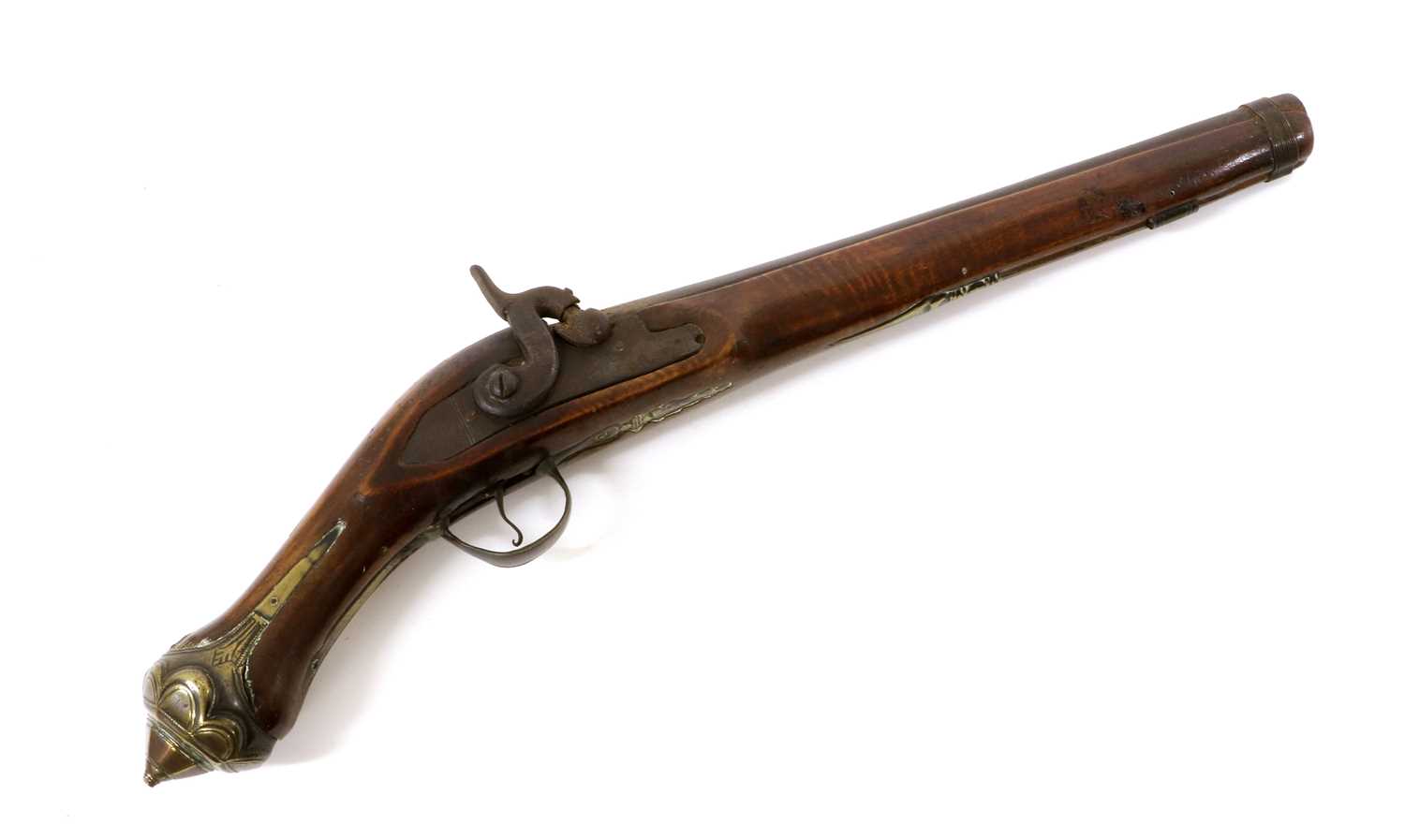 A 19th Century Turkish Percussion Holster Pistol, converted from a flintlock, the 30cm steel