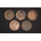 5x George V Pennies, comprising: 1913, GEF with partial lustre; 1915, GVF; 1916, VF; 1918, EF with