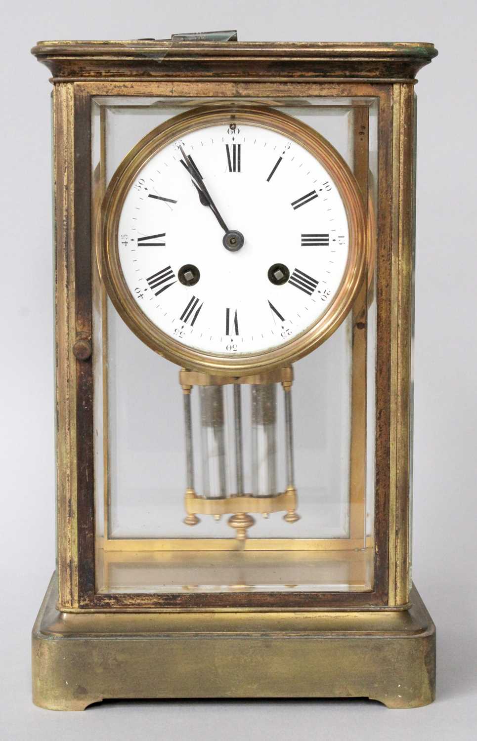 A Brass Four Glass Striking Mantel Clock, circa 1880, with twin-tube mercury pendulum, 27cm high