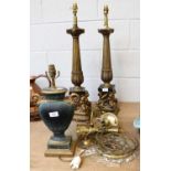 A Pair of Reproduction Gilt Composition and Black Marble Column Form Tablelamps, 72cm including