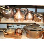 A Quantity of Victorian Brass and Copper, including harvest jugs, kettles, coal skuttle and pans (