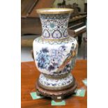 A Modern Chinese Cloisonne Vase, white ground, decorated with birds and chrysanthumum, on hardwood