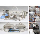 A Large Collection of Silver Plated Items, inlcuing flat ware entree dishes, trays, baskets,
