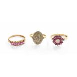 Three 9 Carat Gold Gem-Set Rings, including a diamond cluster example, finger size O; and two