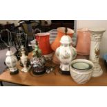 A Group of Six Various Table Lamps and Shades, A Jardiniere on Stand and A Small Planter