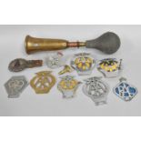 A Lucas King of the Road Brass Car Horn, together with various vintage car badges, Royal Aero