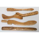 Four Late 19th Century Primitive Style Knitting Sticks, one initialled M and dated 1851, 19cm,