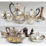 A Collection of Silver Plated Items, including a desk stand of navette form surmounted with a figure