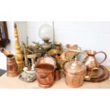 Brass and Copper Wares, including oil lamp, kettle, trays, light fittings, jugs etc. (qty)