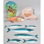 Harvey Rushall, 20th Century, a set of six graduated pottery Mackerel wall plaques, together with
