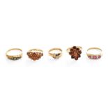 Five 9 Carat Gold Gem-Set Rings, including two garnet examples, two sapphire examples and a ruby