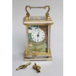 Halcyon Days Enamels Brass Carriage Timepiece, decorated with hunting landscapes, 15.5cm over