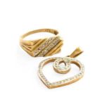 A 9 Carat Gold Diamond Heart Pendant, length 3.5cm; and A 9 Carat Gold Diamond Ring, finger size