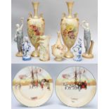 Royal Worcester Blush Ivory, including: a pair of vases, a smaller vase, a jug, a pair of figures