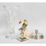 A Waterford Crystal Vase, Two Silver Plated Candle Holders, and a Multi-Coloured Glass Figure of a