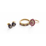 A 9 Carat Gold Ruby and Diamond Cluster Ring, finger size M1/2; A 9 Carat Gold Ruby and Diamond Half