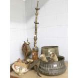 Assorted Metalwares and Wooden Items, including easten brasswares, African shield and figures, a