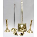 A Pair of Brass Ejector Candlesticks, 18th century, together with a brass chestnut roaster, pair