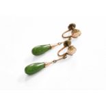 A Pair of Nephrite Drop Earrings, with screw fittings, drop length 4.4cmIndistinctly marked. Gross