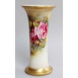A Royal Worcester Trumpet Shaped Vase, by Mildred Hunt, decorated with roses, signed, printed puce