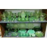 A Good Collection of 1920s and 30s Uranium and Green Glass Including, vases, jugs, candle sticks,