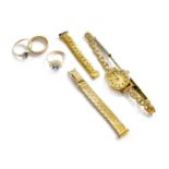 Three 9 Carat Gold Paste Rings, of varying designs; An Omega Wristwatch; and A Watch Strap Rings -
