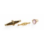 A 9 Carat Gold Amethyst Ring, finger size J1/2; A Diamond Bar Brooch, unmarked, length 3.8cm; and