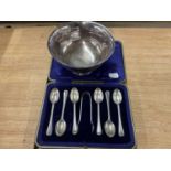 A Silver Presentation Bowl, engraved October 97 M P Burke and A Case of Silver Teaspoons