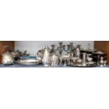 A Collection of Assorted Silver Plate, to include: candelabra, serving trays, posy vases, entree