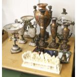 A Quantity of Ornamental Items, including a metal mounted pottery centre piece, a similar comport
